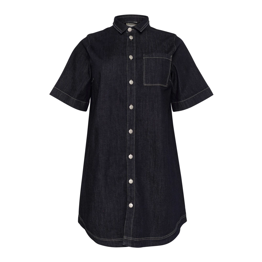 Kaffe Curve Denim Jurk met ½ Mouwen en Borstzak Blue Dames