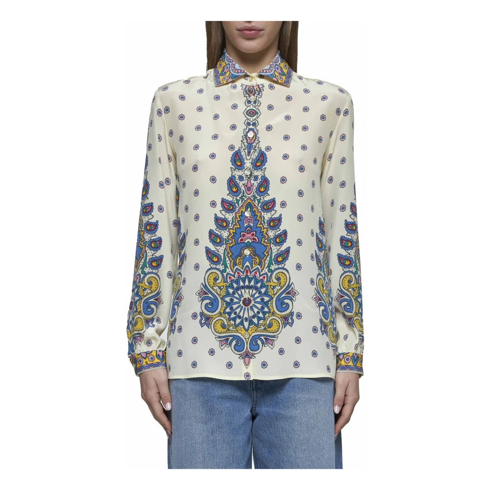 ETRO Bloemen Paisley Zijden Overhemd Ivoor Multicolor Dames