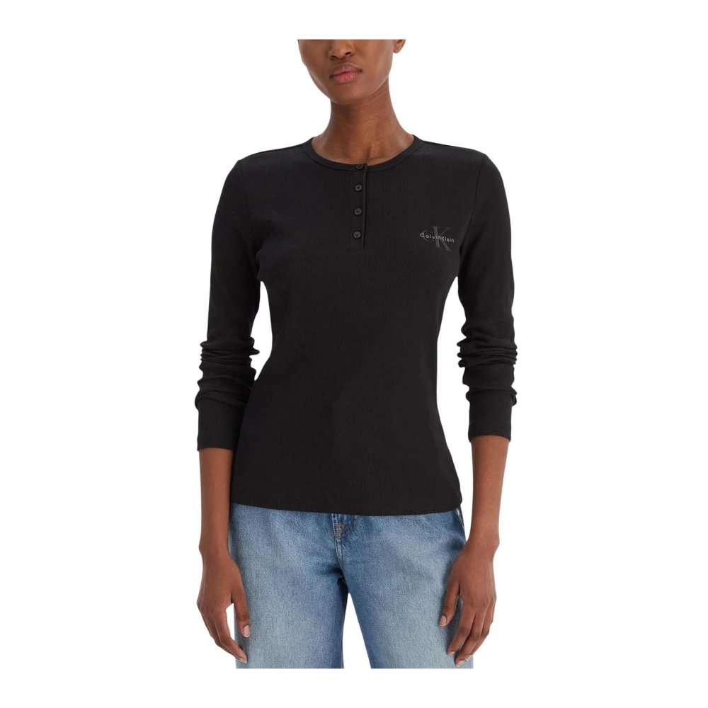 Calvin Klein Jeans Button-Up Long Sleeve Knitwear With Round Neck - Female - Long Sleeve T-Shirts - Black - Xs - Tops