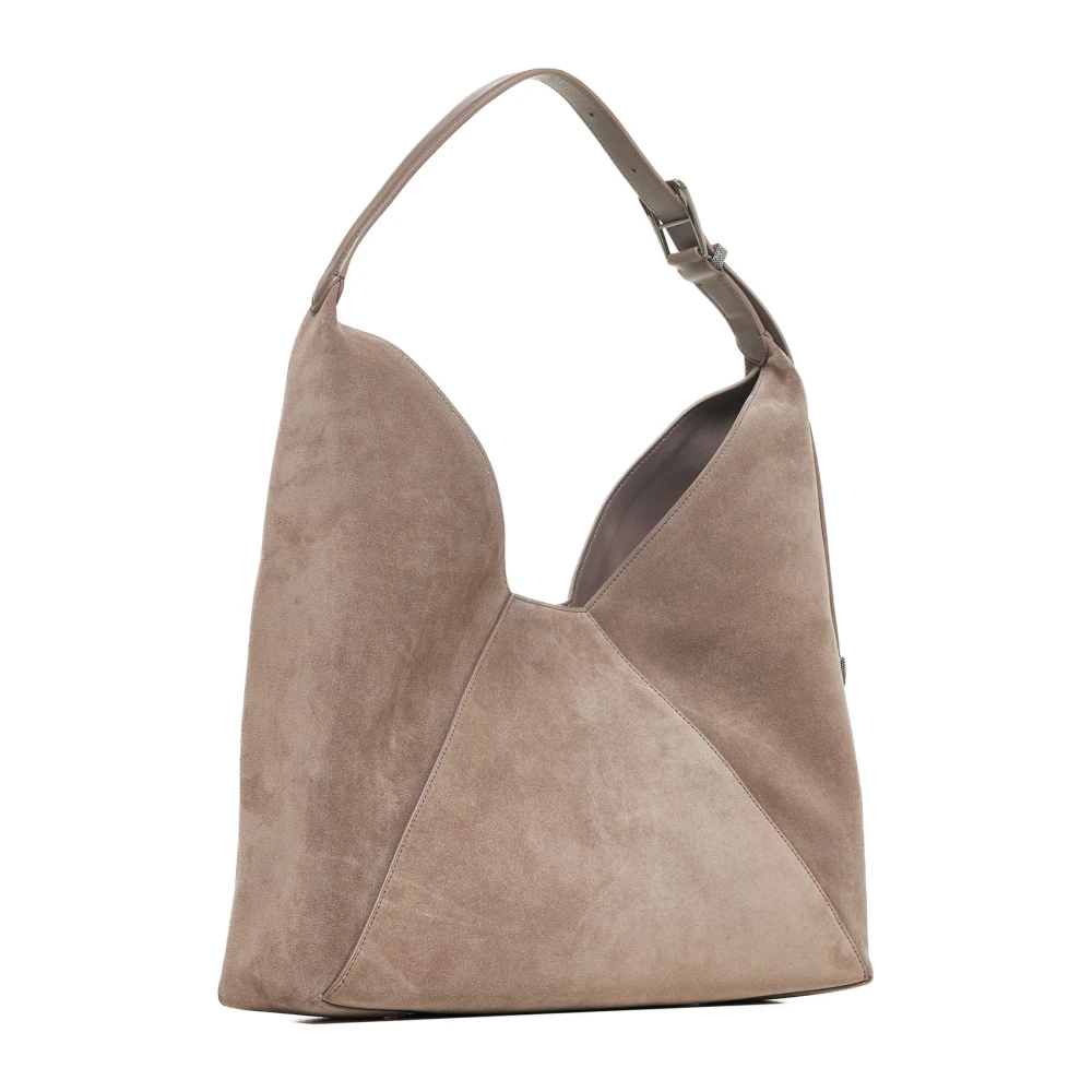 BRUNELLO CUCINELLI Grijze suède hobo tas met Monile-details Beige Dames
