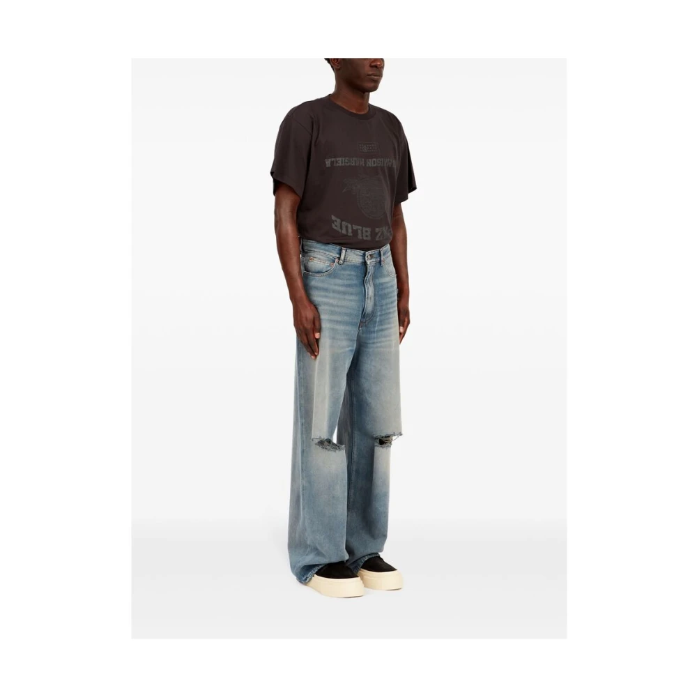 MM6 Maison Margiela Indigo Blauw Stonewashed Gescheurde Wide Leg Jeans Blue Heren