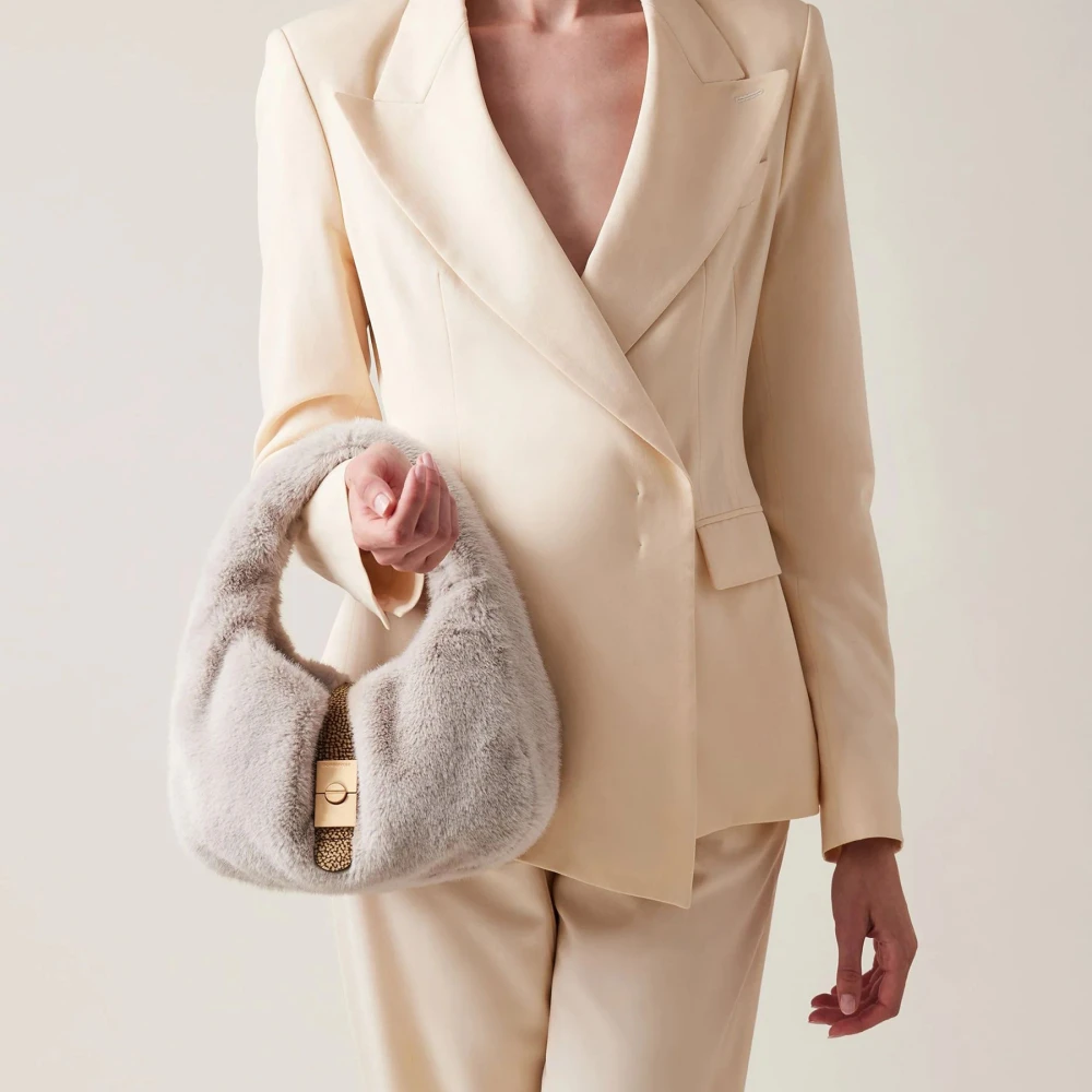 Borbonese Beige Hobo Tas met Bont-Effect Stof Beige Dames