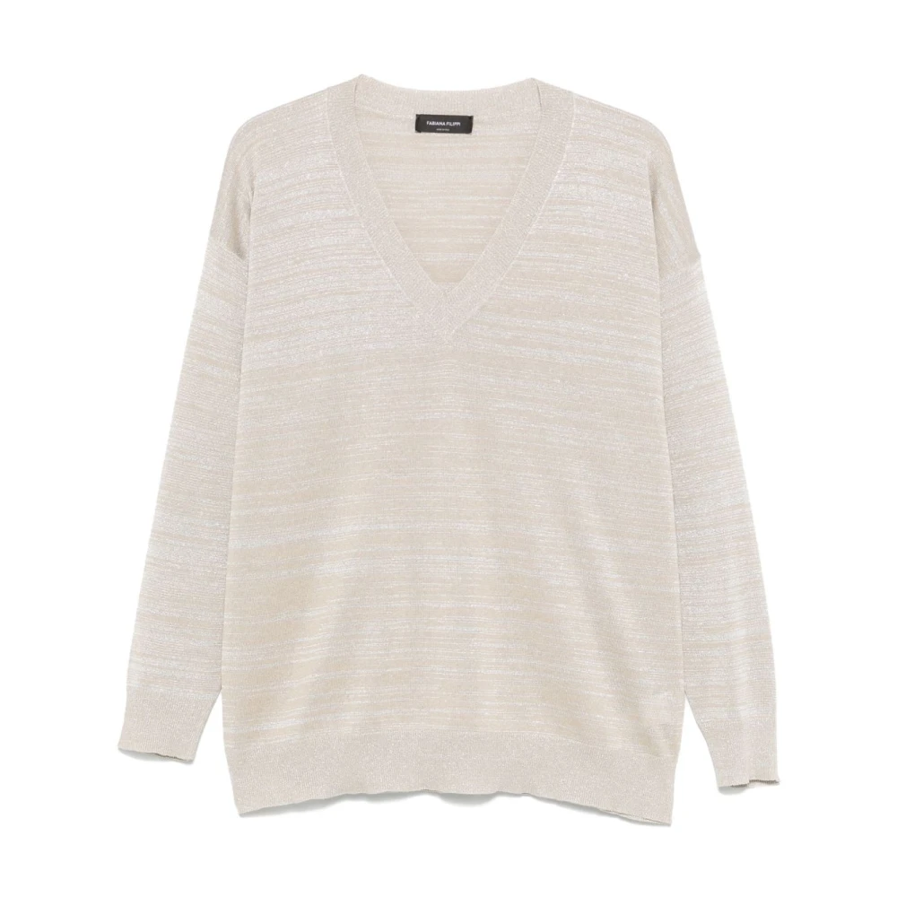 Fabiana Filippi Lamé V-Hals Trui Licht Grijs Beige Dames