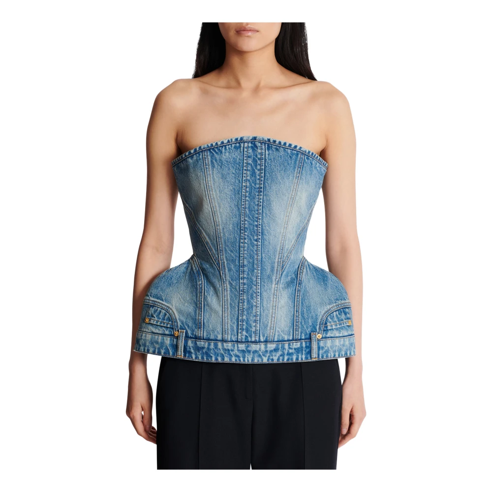 Balmain Gestructureerde denim bustier Blue Dames