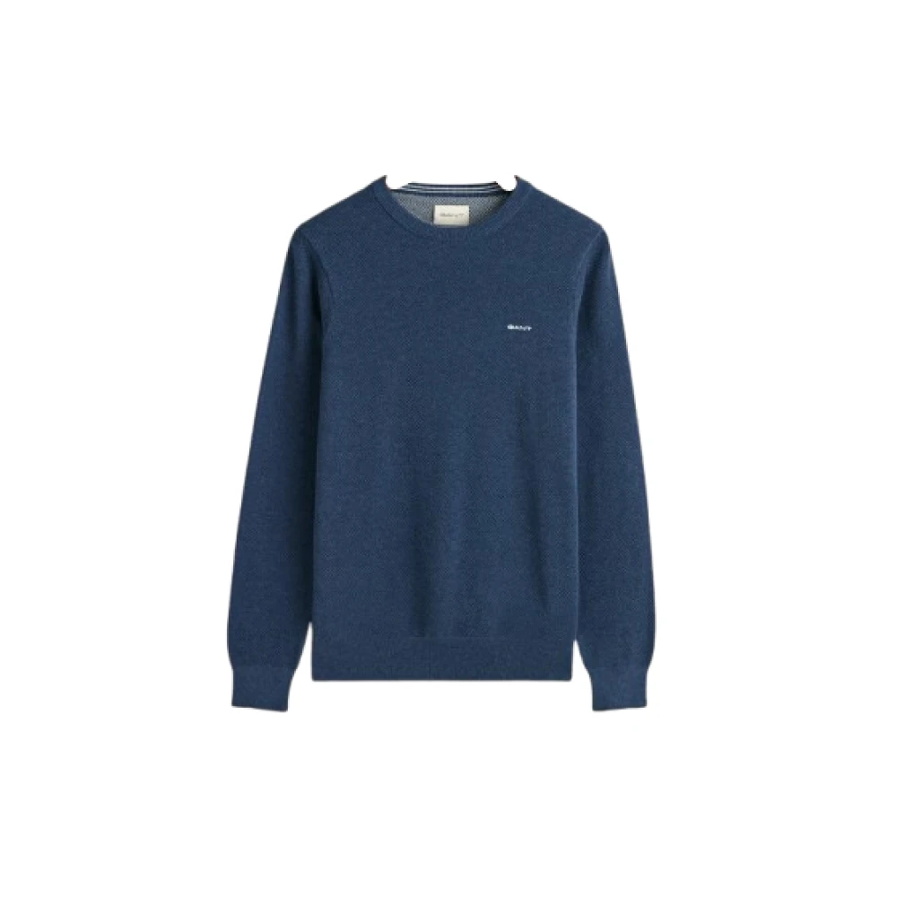 Blå Bomull Pique Crew Neck Genser