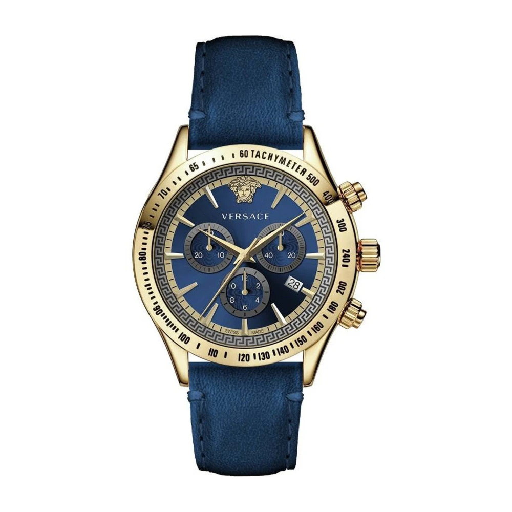Versace Klassisk Blå Läder Guld Kronograf Klocka Blue, Herr
