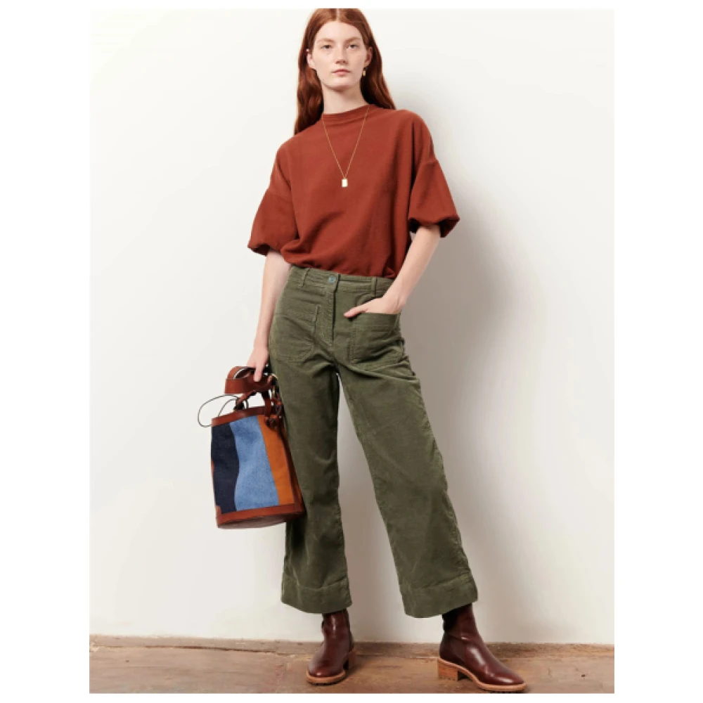 Sessun Crop en wijde pijpen katoenen fluwelen broek Green Dames