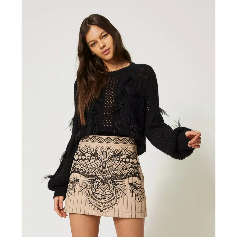 Twinset Wollen en Alpaca Trui met Veren Black Dames