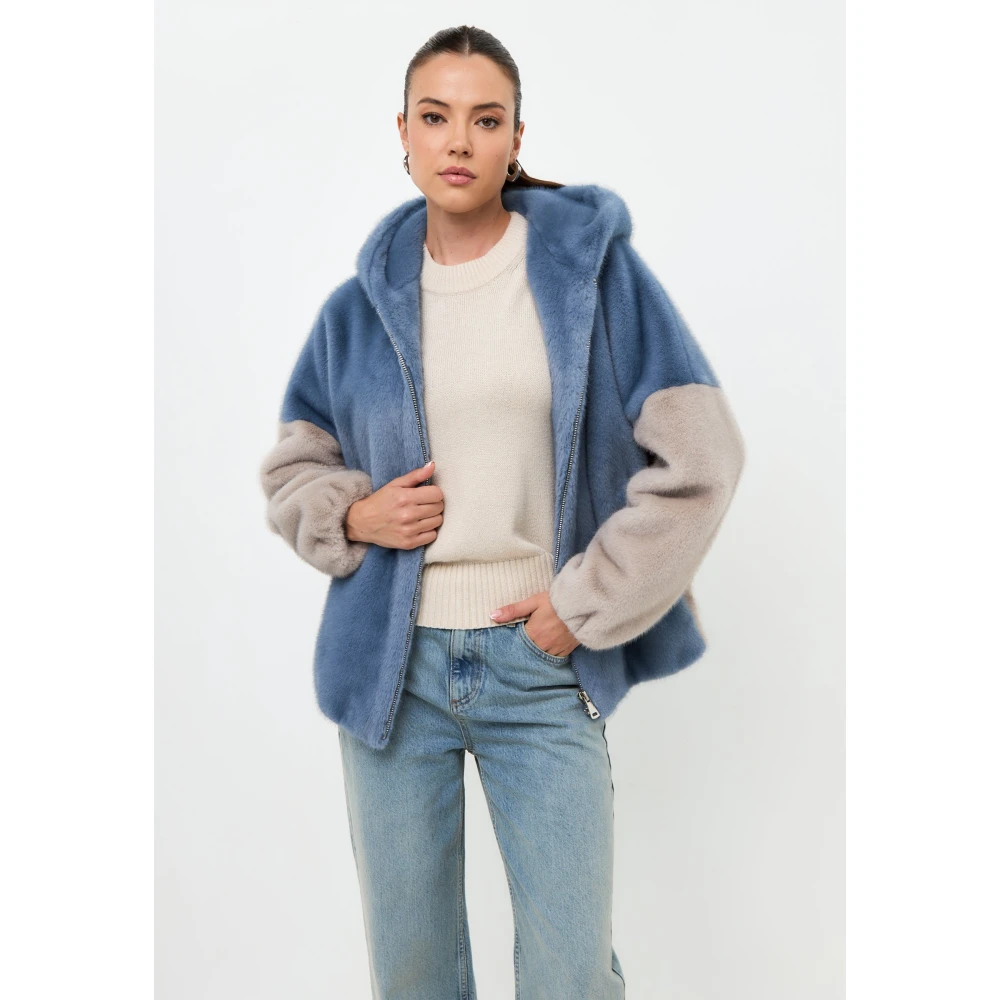 Cesare Gaspari Stijlvolle Hooded Faux Fur Jacket Reyna Blauw Blue Dames
