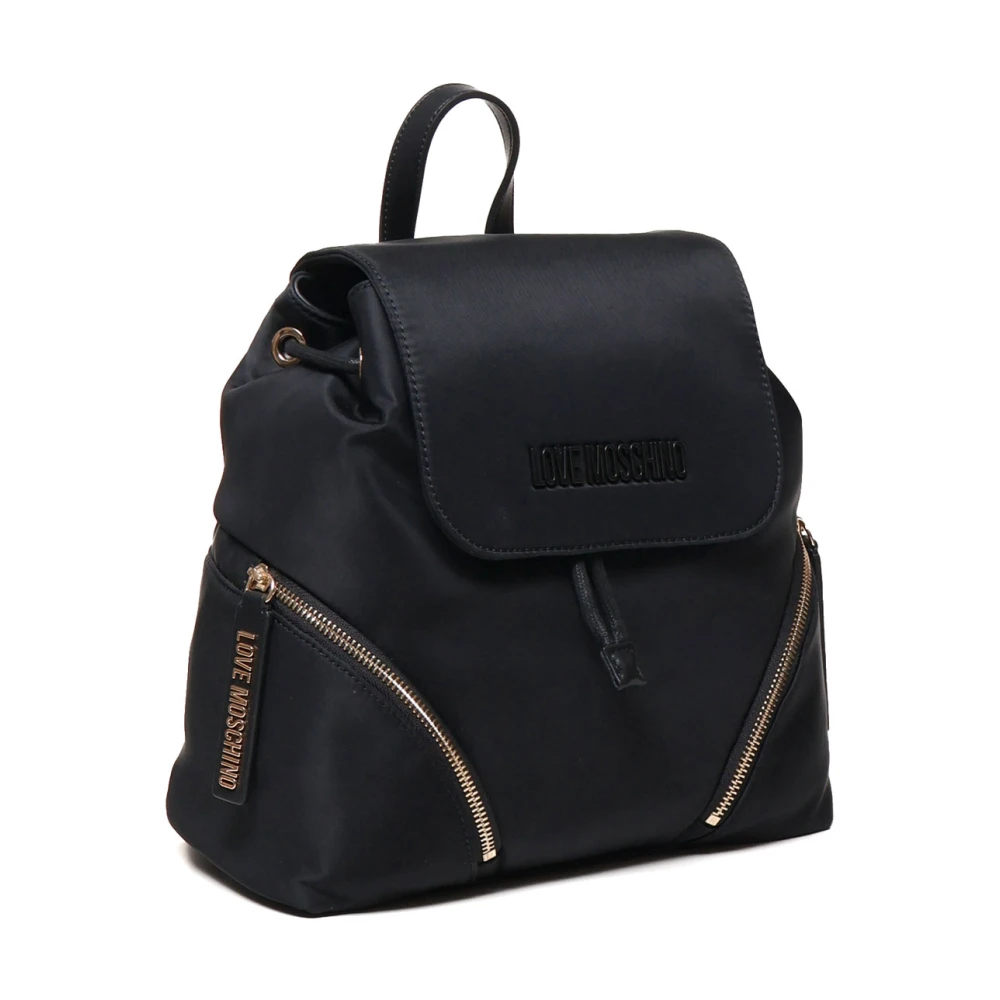 Love Moschino Zwarte Nylon Rugzak met Klep Sluiting Black Dames