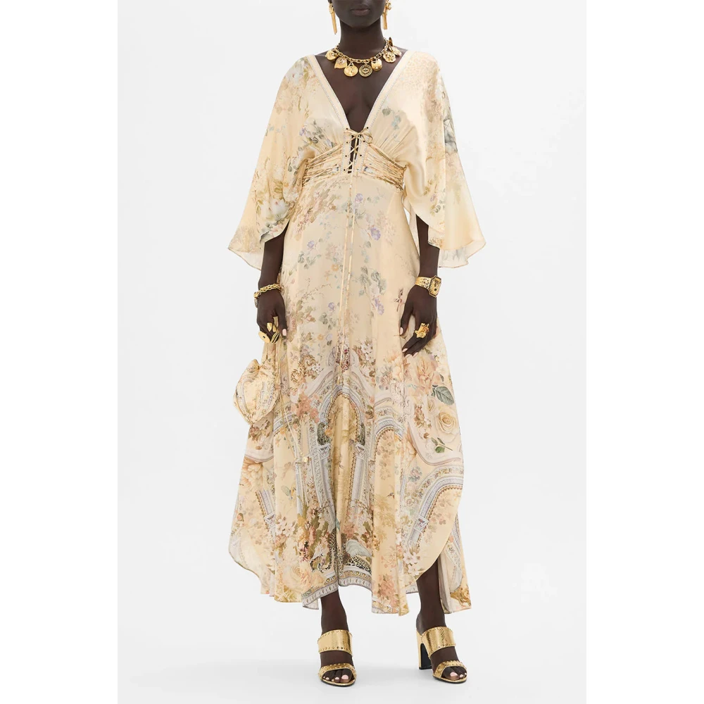 Camilla V-hals veter lange jurk Beige Dames