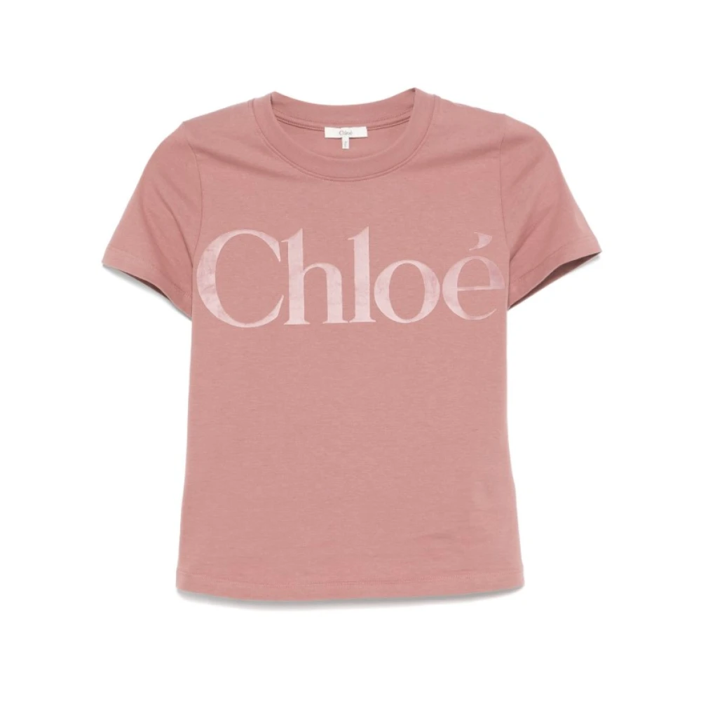 Chloé Fluweel Logo T-shirt Lichtgewicht Katoen Pink Dames