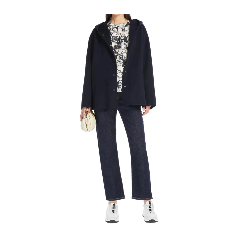 Max Mara Weekend Blauwe wollen korte jas met capuchon Blue Dames
