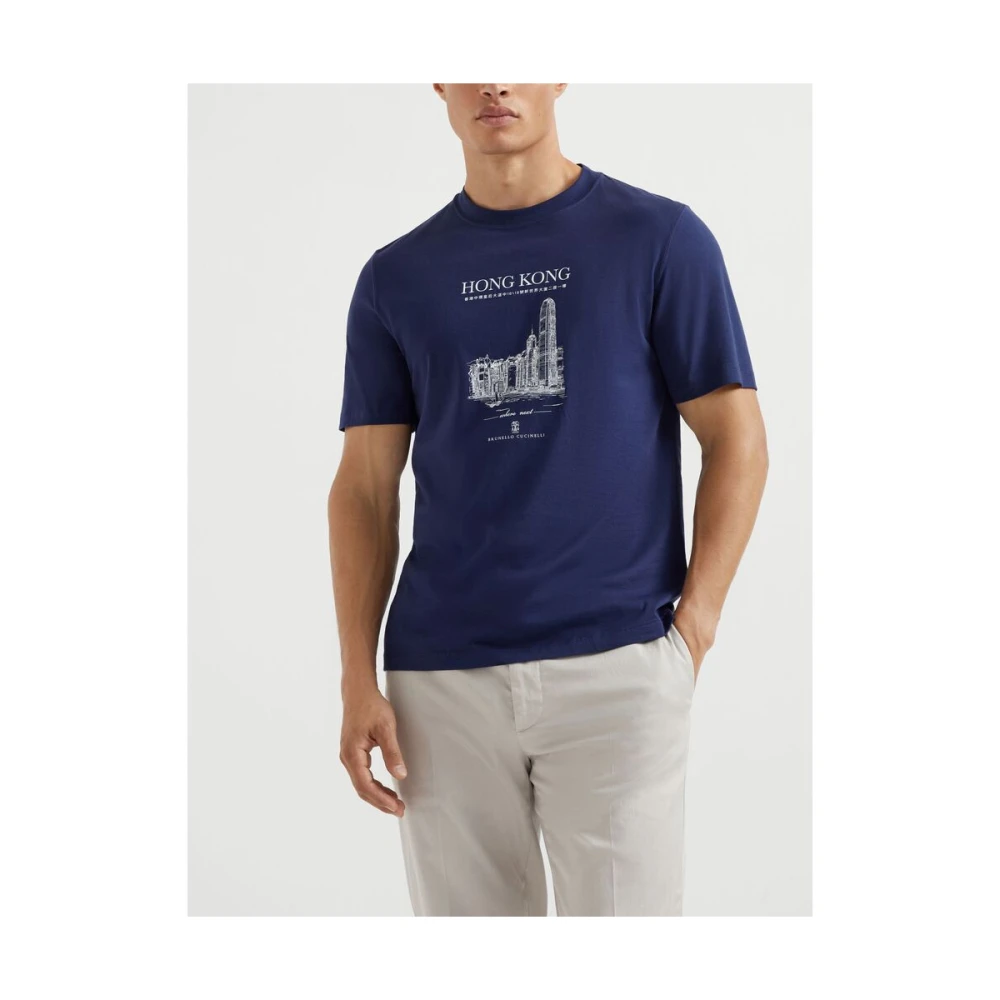 BRUNELLO CUCINELLI Navy Blue Grafische Print T-shirt Blue Heren