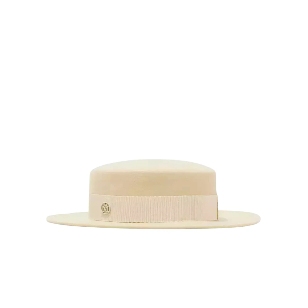 Maison Michel Beige Logo Hoed Stijlvolle Ronde Lint Beige Dames