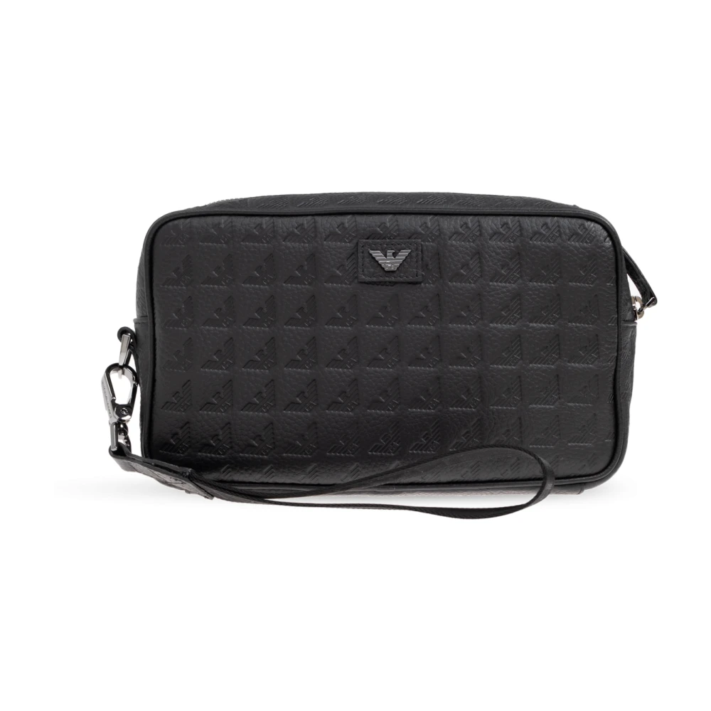 Emporio Armani Men's Black Leather Washbag With All-Over Embossed Eagle