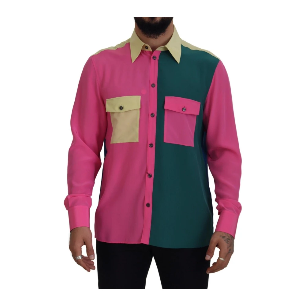 Dolce & Gabbana Men's Multicolor Patchwork Silk Button Down Shirt