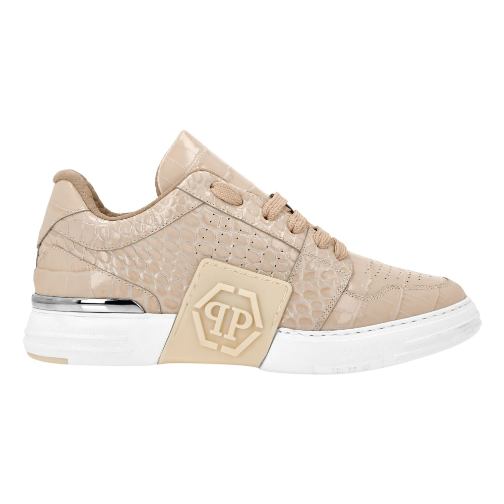 Philipp Plein Croco Printed Leather Lo-Top Sneakers Hexagon unisex Schoenen Beige