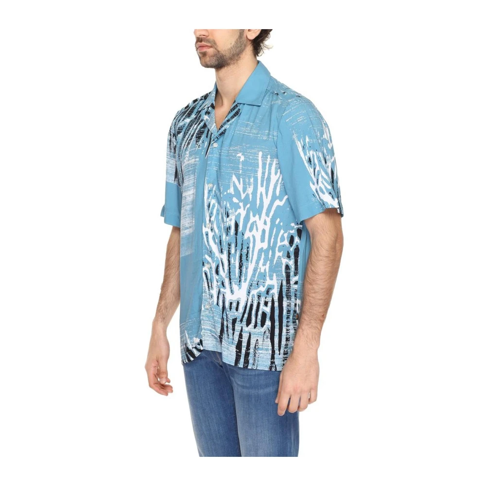 Hugo Boss Blauw korte mouw viscose overhemd Blue Heren
