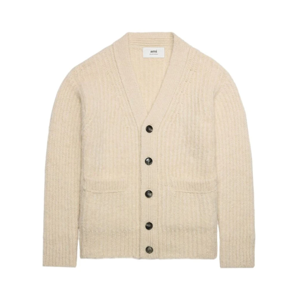 Ami Paris Beige V-hals gebreide cardigan met ribbels Beige Heren