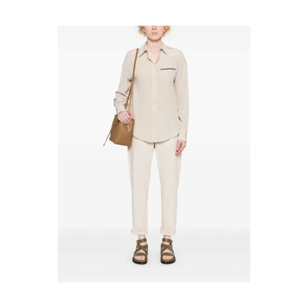 BRUNELLO CUCINELLI Zijden Crepe Klassieke Kraag Shirt Beige Dames