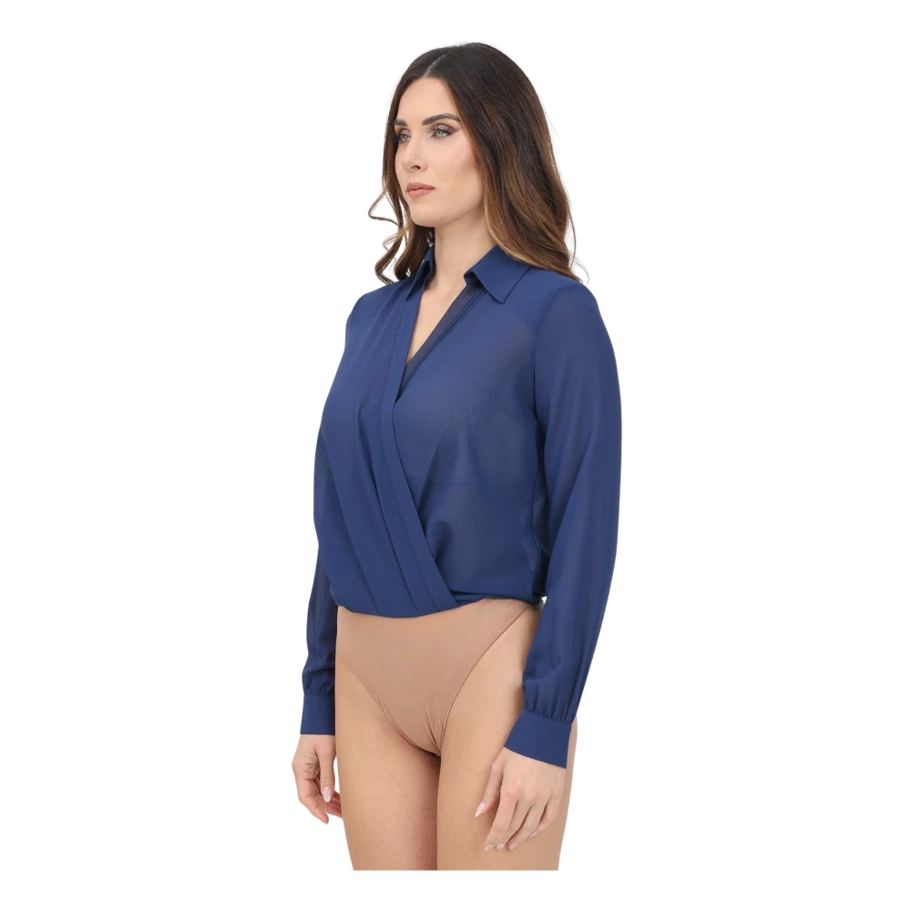 Elisabetta Franchi Blauwe Gedrapeerde Georgette Top met Lange Mouwen Blue Dames
