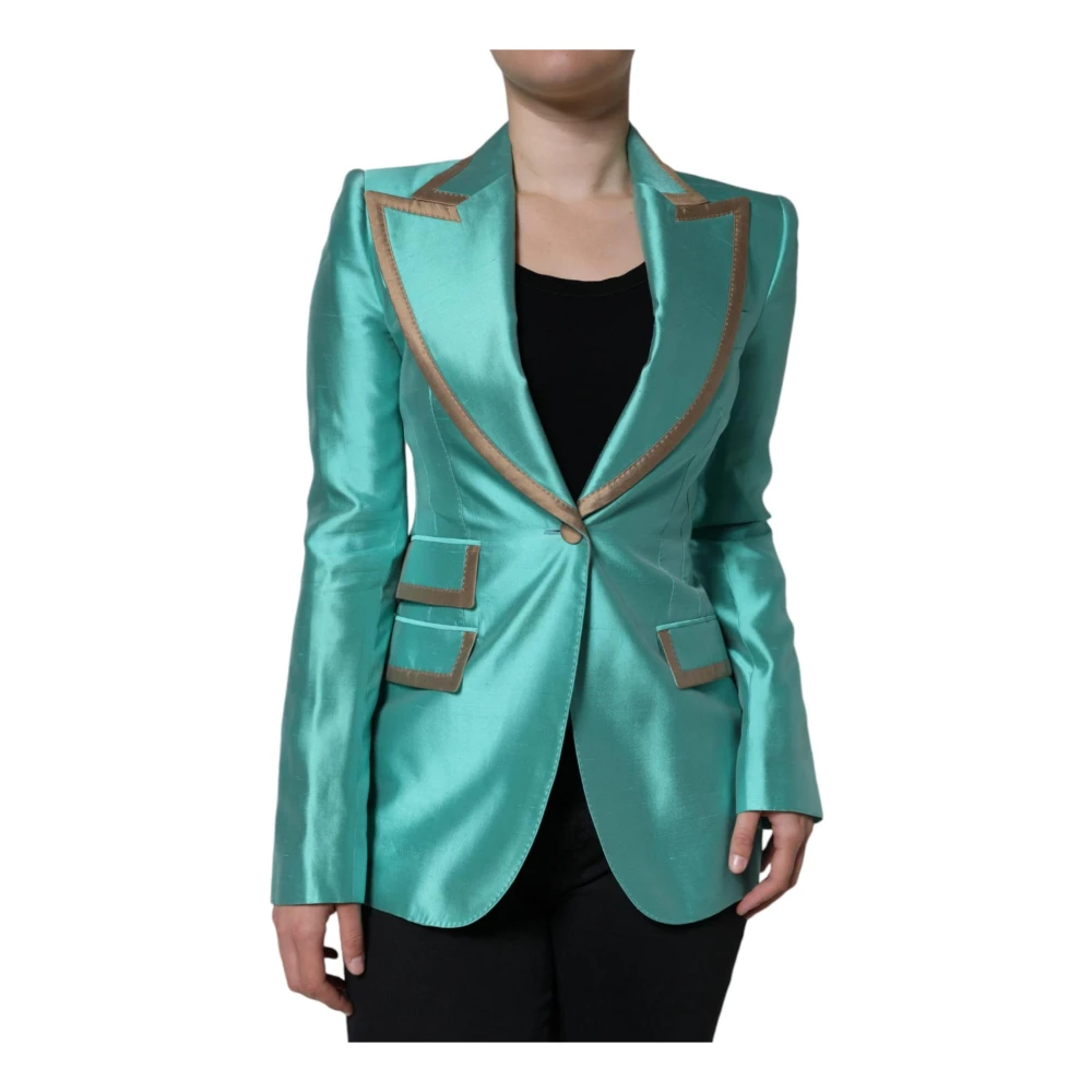 Dolce & Gabbana Metallic Groene Zijden Blazer met Peak Revers Green Dames