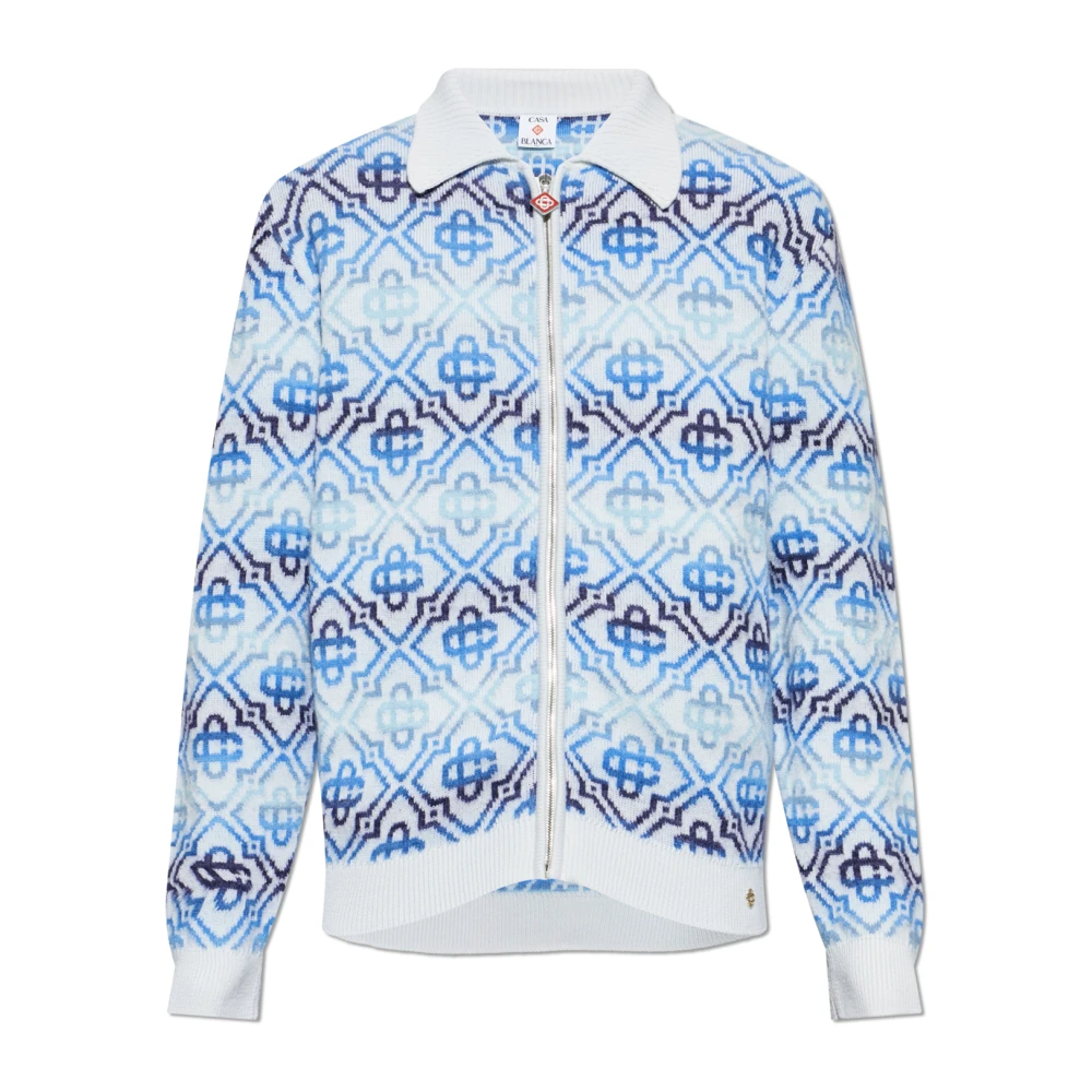 Casablanca Men's Blue Space Dye Monogram Long Sleeve Merino Cardigan - Cardigans - M - Knitwear