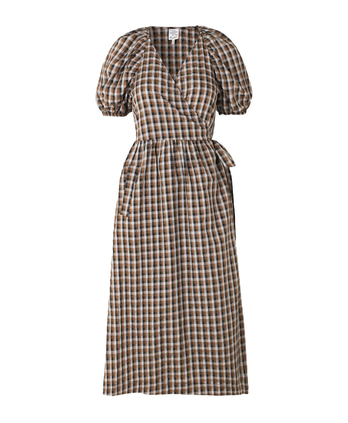 checkered-puff-sleeve-midi-dress
