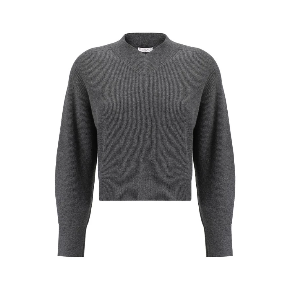 BRUNELLO CUCINELLI Kasjmier V-hals Pullover met Cut-Out Detail Gray Dames