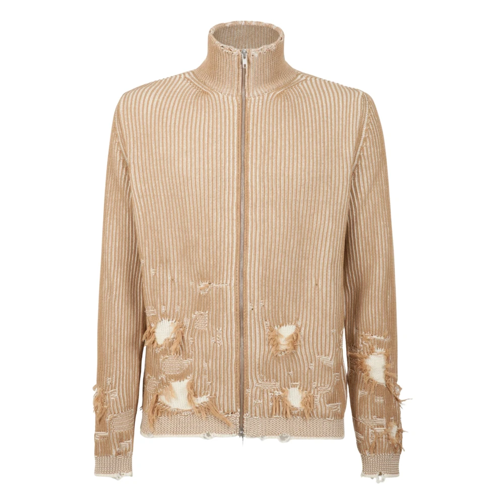 Mm6 Maison Margiela Men's Beige Cardigans, M, Distressed Ribbed High-Neck Cardigan