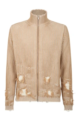 Distressed Ribbed High-Neck Cardigan