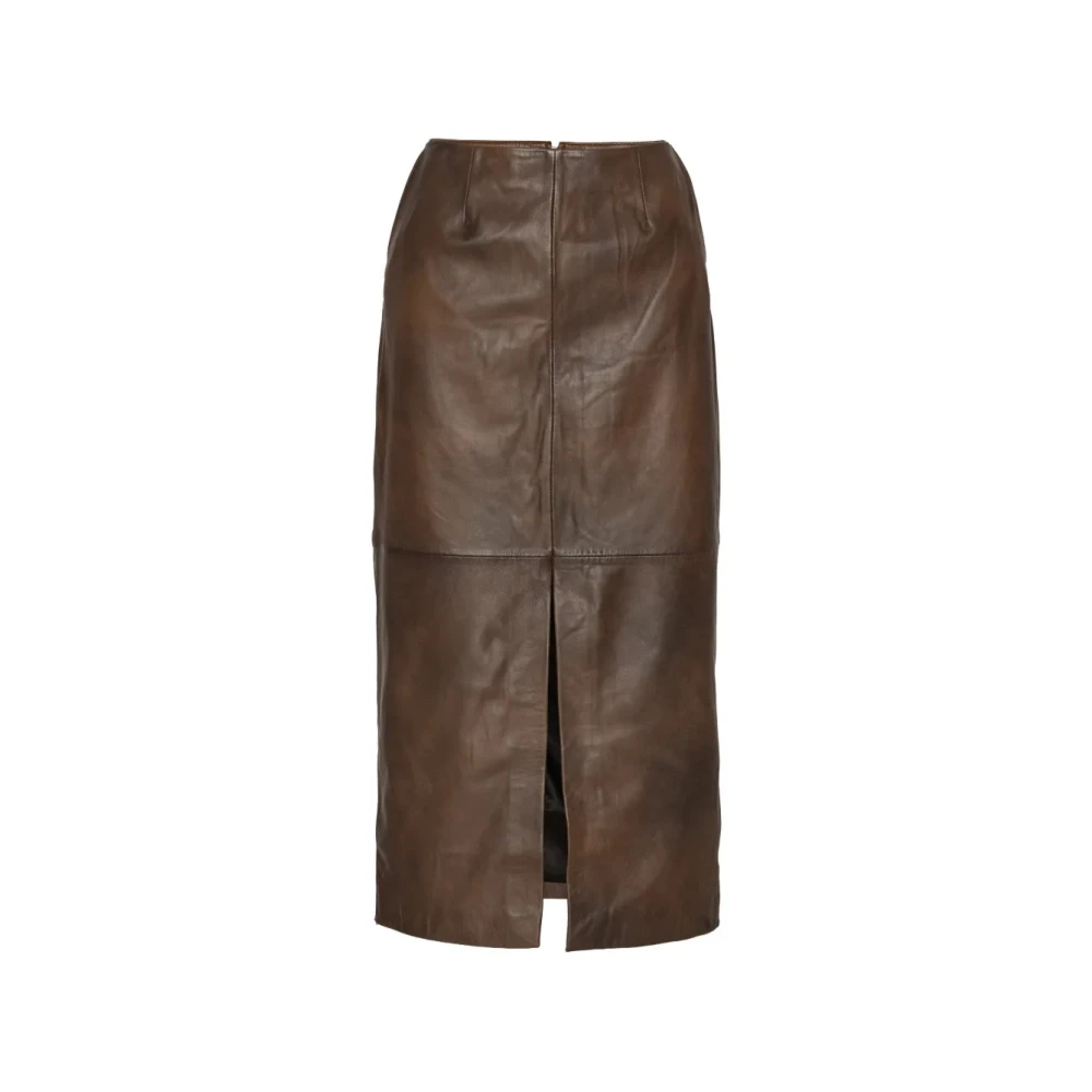 Rotate Birger Christensen Brown Leather Midi Pencil Skirt - Female - Leather Skirts - L - Skirts