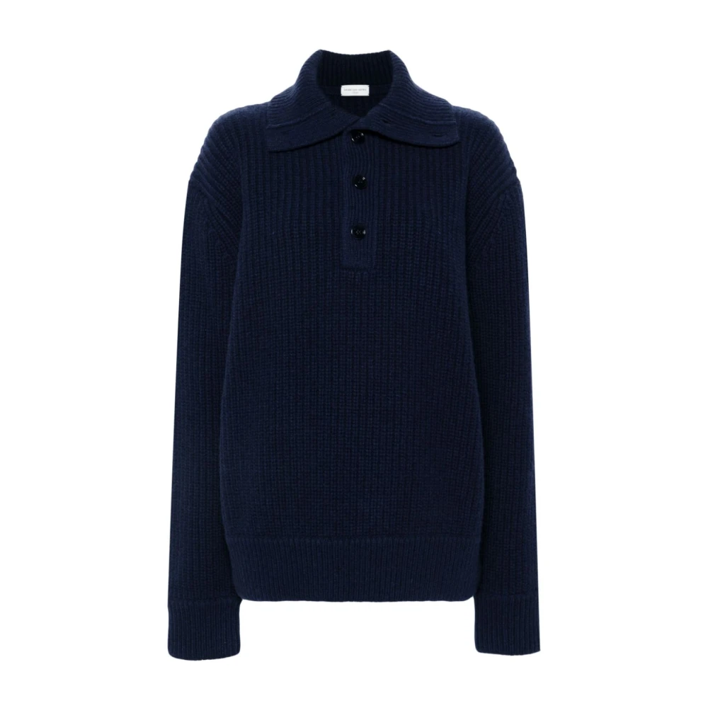 Dries Van Noten Blauwe Ribgebreide Trui Spreid Kraag Blue Heren