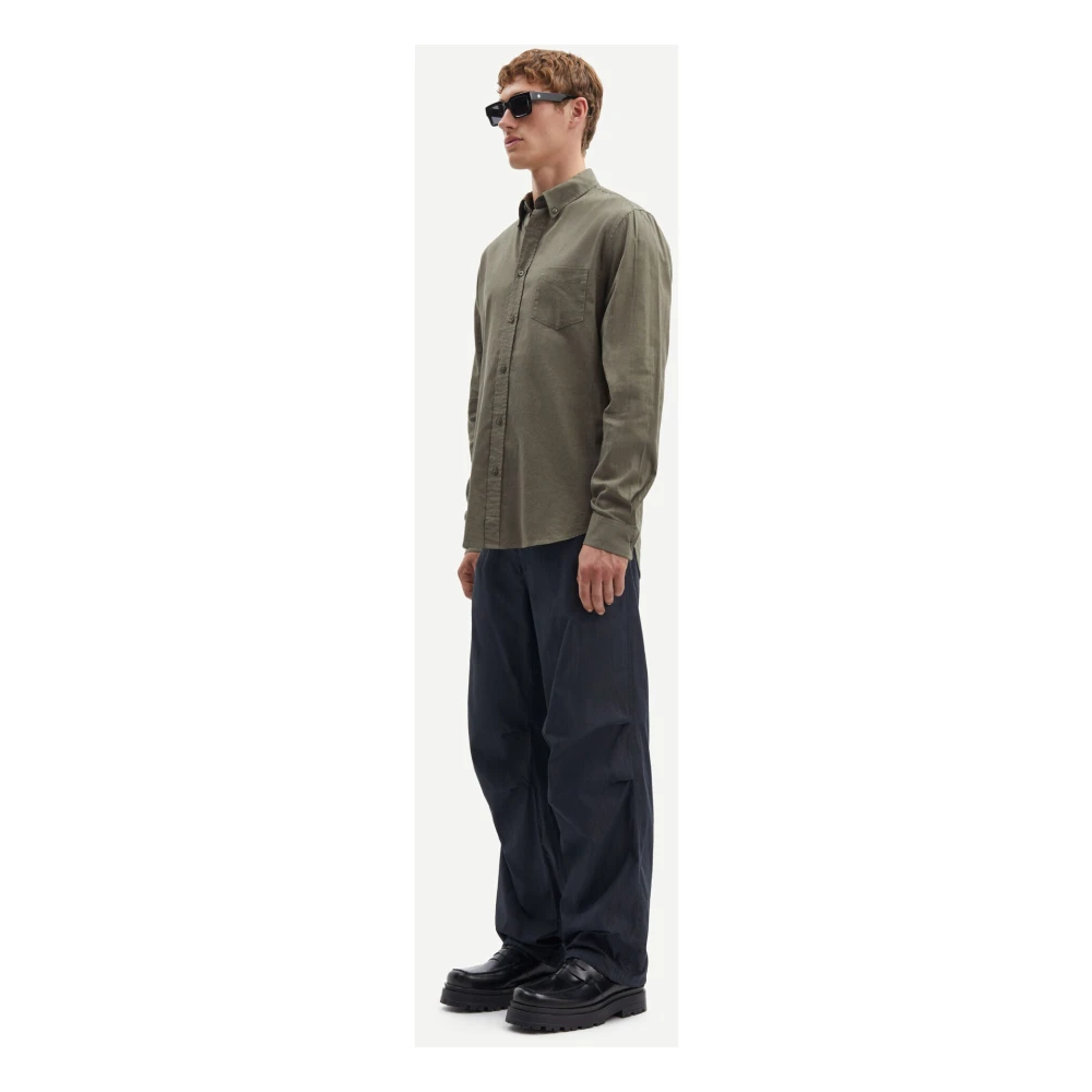 Samsøe Linnenmix Shirt met Lange Mouwen Green Heren