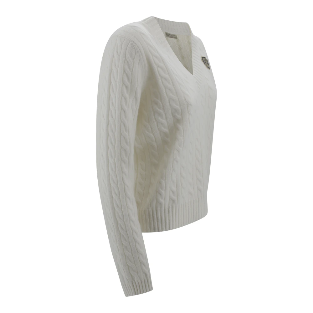 BRUNELLO CUCINELLI Kasjmier V-hals trui met applicatie White Dames