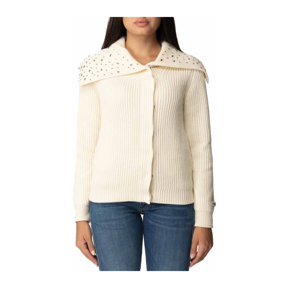 pinko Witte Cardigan Sweater met Kristalversiering Beige Dames
