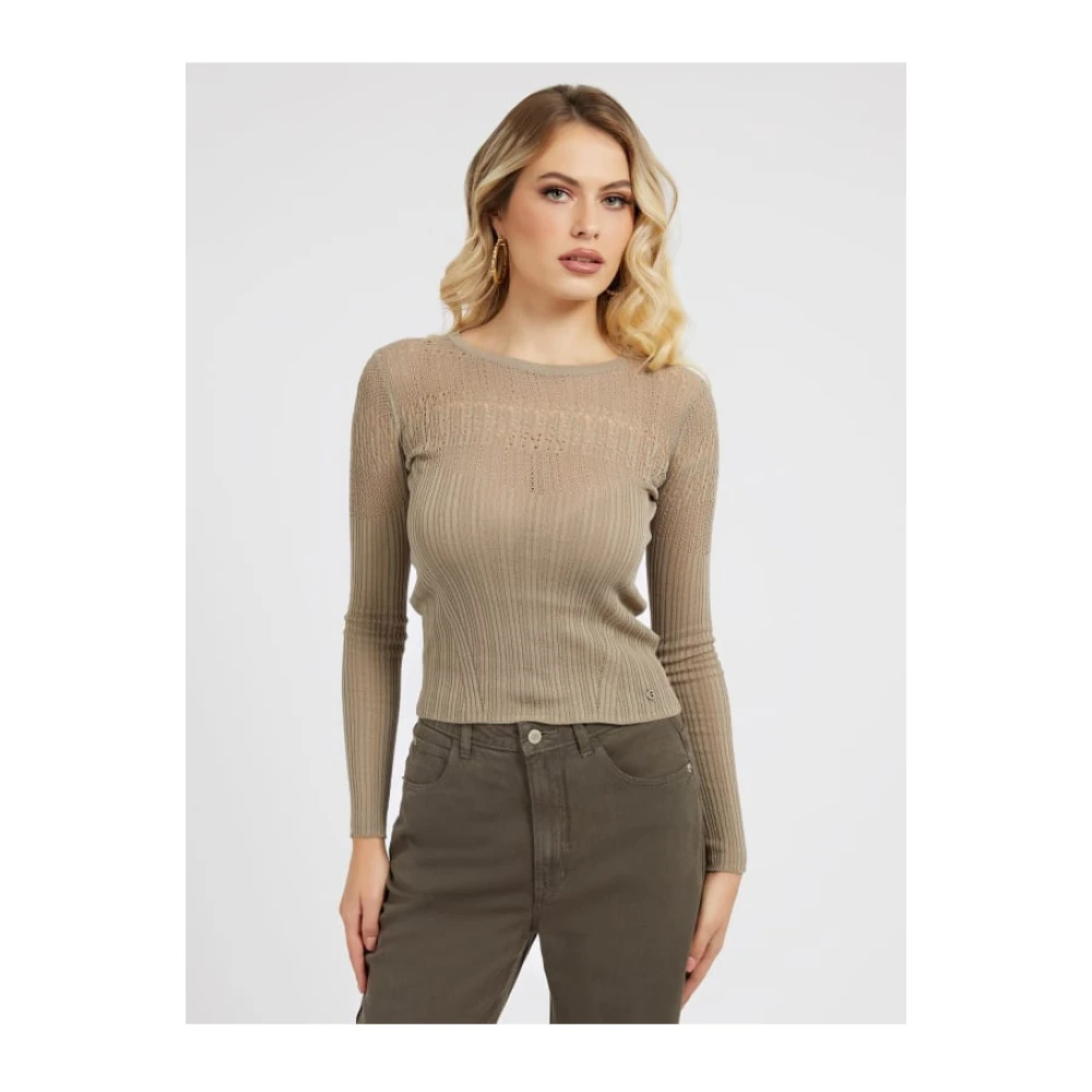 Guess Groene Gebreide Trui Lange Mouw Beige Dames