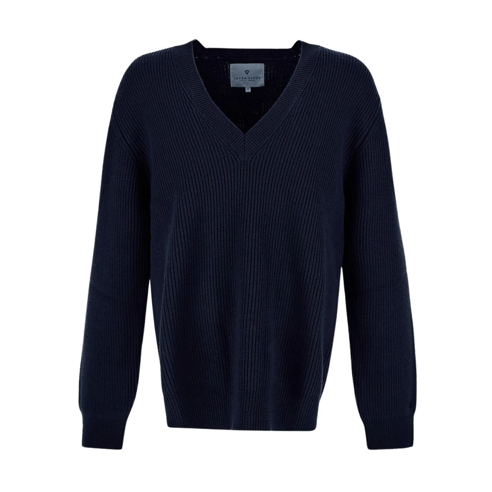 Seven Gauge Wollen Gebreide Hals-V Blue Heren