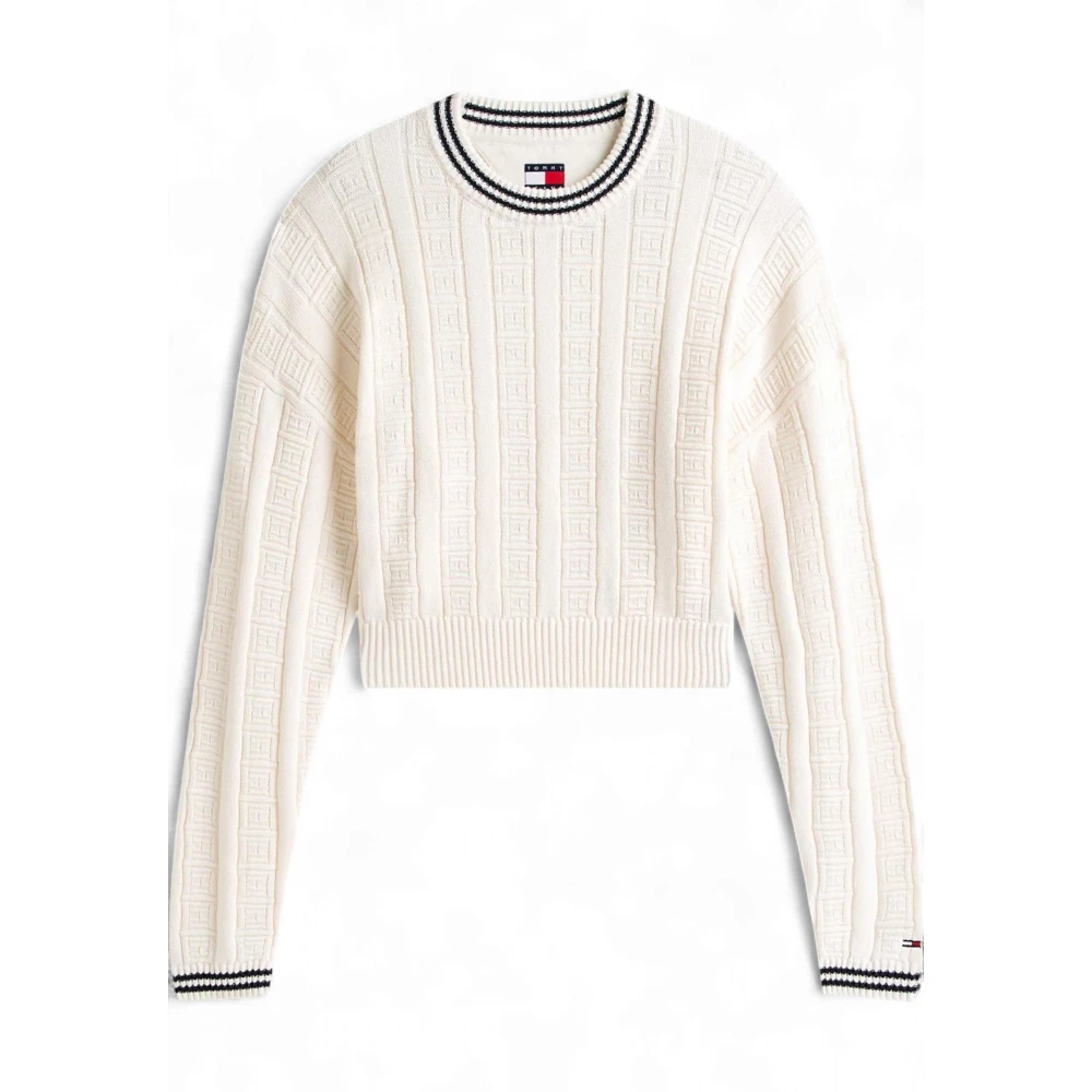 Tommy Jeans Women's Beige Round-Neck Knitwear, M, Flag Cable Knit Relaxed Jumper