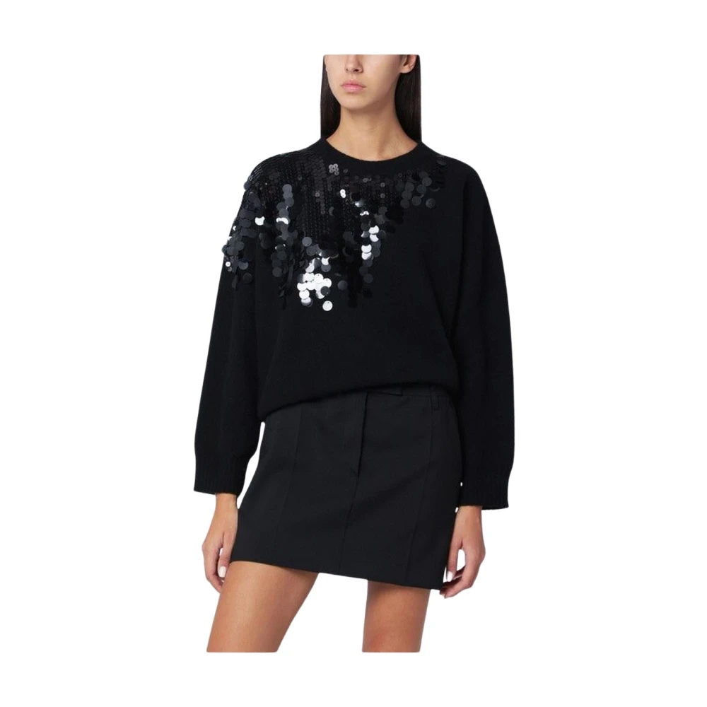 Roberto Collina Kvinno Svart Stickade Tröjor Dam, M, Sequin Embellished Crewneck Sweater