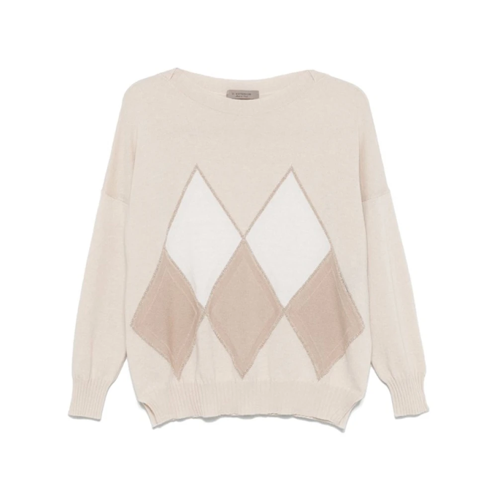 D.Exterior Geruite Gebreide Trui met Lurex Details Beige Dames