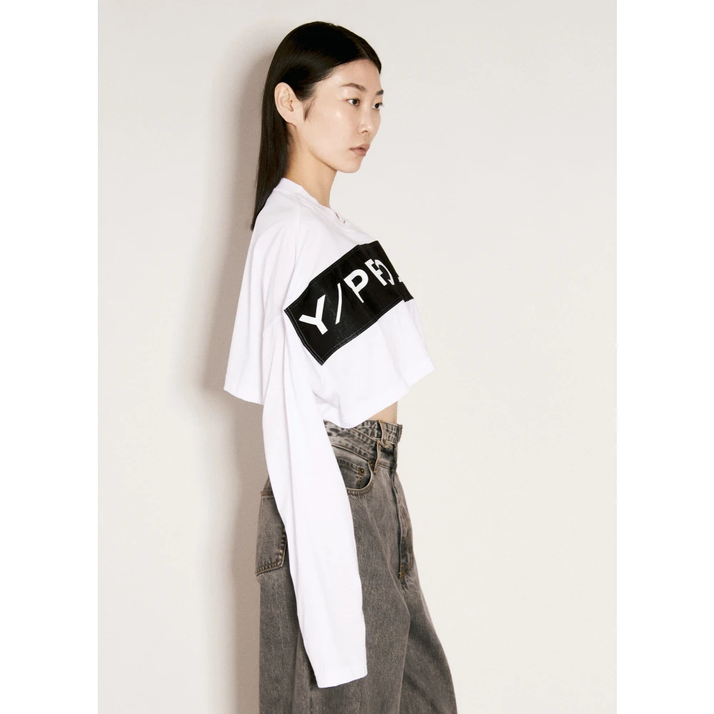 Y Project Twisted Logo Print Crop T-Shirt White Dames
