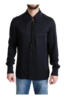 Svart Jacquard Silke Button-Down Skjorta