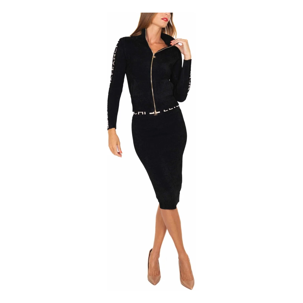 Elisabetta Franchi Zwarte wollen potloodrok met logoband Black Dames