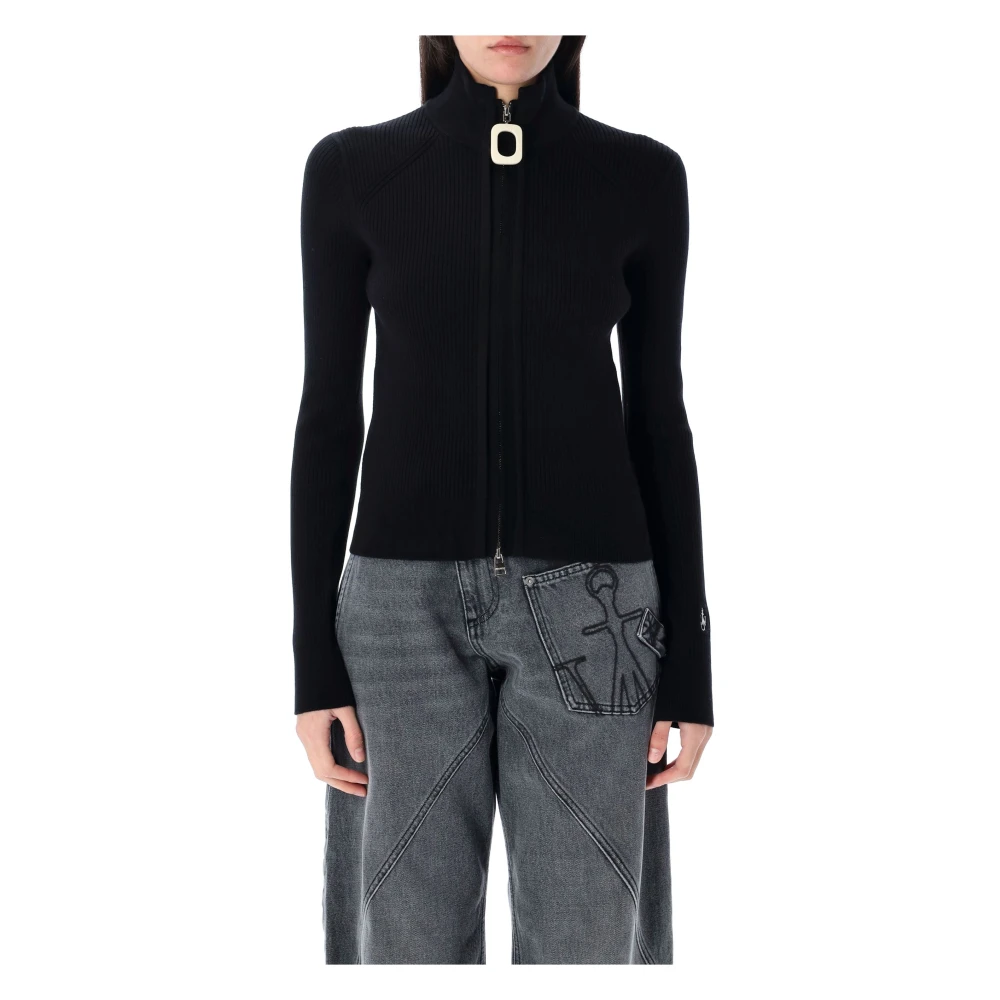 JW Anderson Zwarte Gebreide Cardigan Met Rits Anker Borduurwerk Black Dames