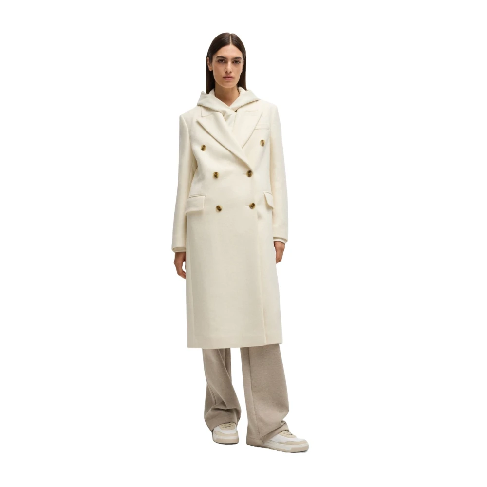 Hugo Boss Lange twill jas met dubbele rij knopen White Dames