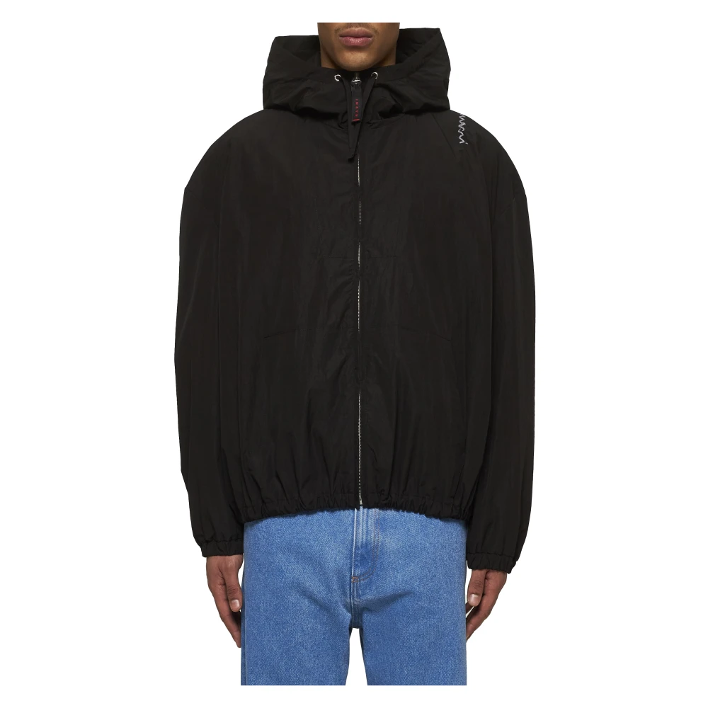 Marni Zwarte Capuchonjas met Trekkoord en Gerimpeld Effect Black Heren