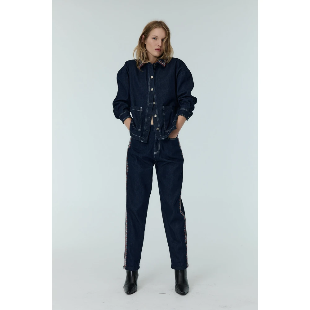 The New Society Denim Overshirt met Borduursel Blue Dames
