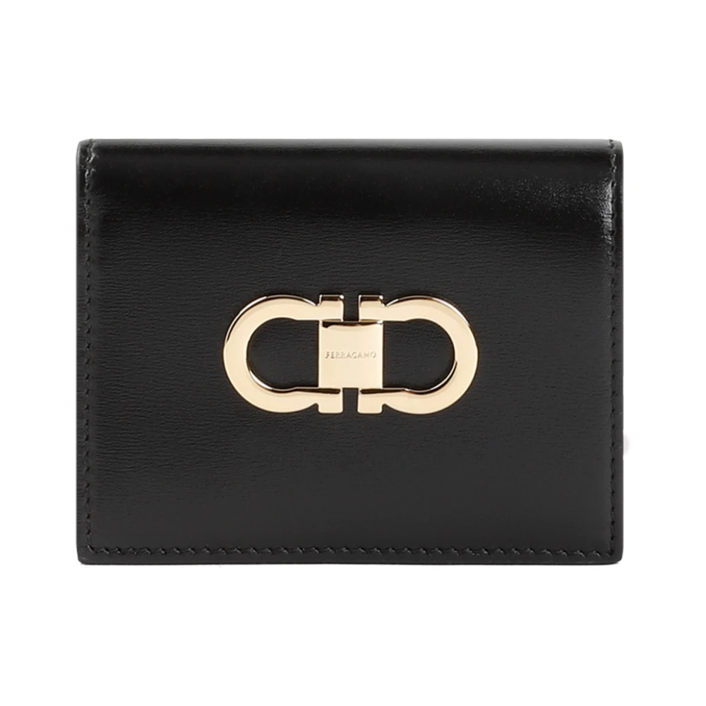 Salvatore Ferragamo Zwarte Leren Dubbele Gancio Portemonnee Black Dames